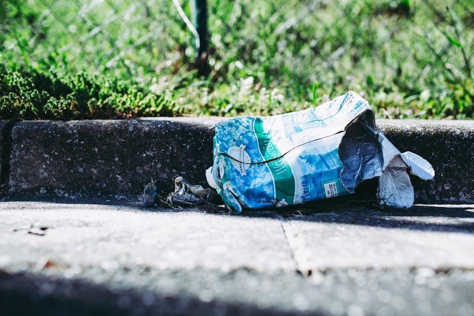 A crumpled plastic bag made of thin, glossy material lies discarded on a concrete pavement curb, partially folded over itself. The bag features a predominantly white and blue design with green accents, including text and images of a fish and water, indicating it may be a discarded beverage or snack packaging. It is positioned near the edge of the curb, with some small, dark trash fragments nearby, possibly bits of paper or plastic. The background includes a patch of lush green grass and small plants, illuminated by natural sunlight, creating a sharp contrast between the urban environment and the surrounding nature. The cement curb exhibits slight weathering with visible specks and texture, while the pavement surface appears smooth but stained in places. This scene is representative of informal waste left roadside, which services like Rubbish Collection Croydon may assist in removing through independent collection or local rubbish removal services, supporting proper disposal practices.